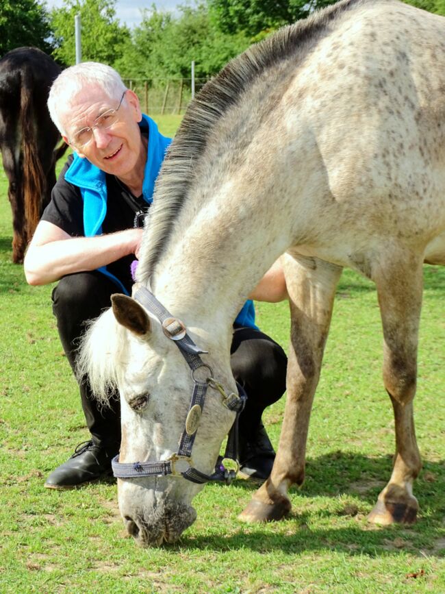 Juergen Plinz in der Hocke neben einem grasenden Pferd